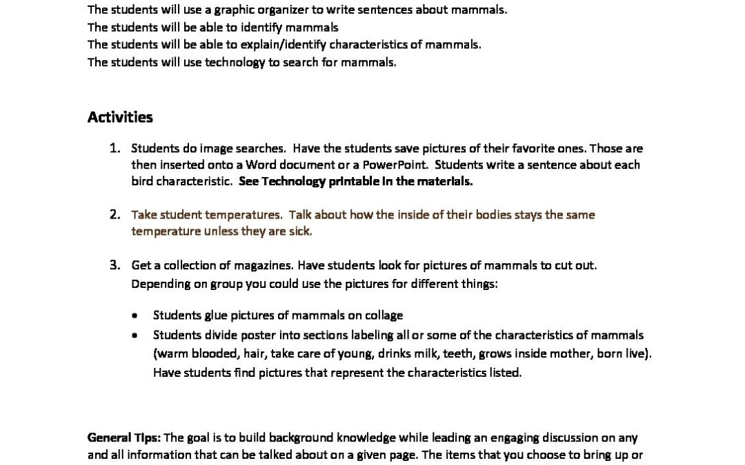 Mammals Teacher Notes